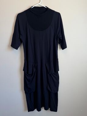 ALEMBIKA knit mock panel drape pockets black lagenlook black dress sz 3 US 10-12